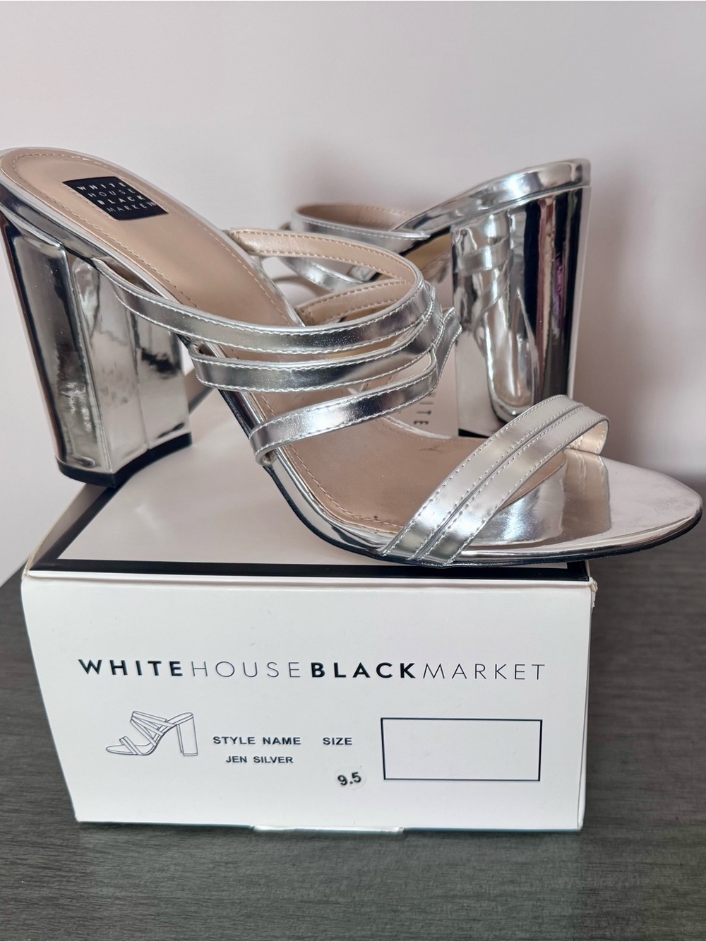 White House Black Market Silver Metallic Strappy Block Heel Mules